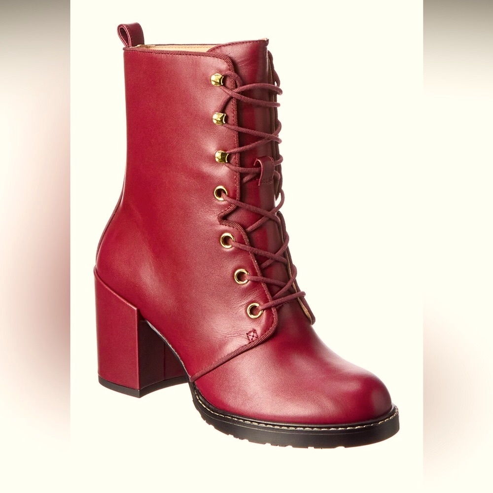 NWT Stuart Weitzman leather mid calf combat boots with heel $595 sz 7.5 HP pick
